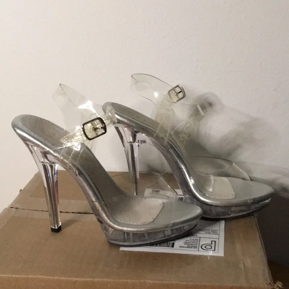 New Womens Fabulicious Clear Platform Strap 5.5” Heels Size 5-5.5